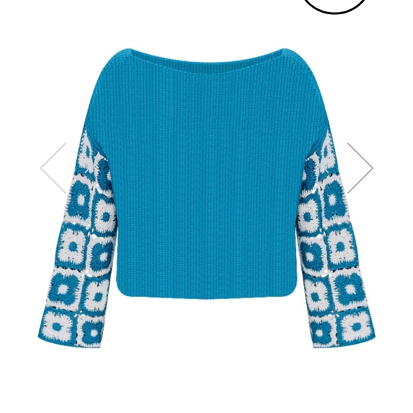 Pink Lily. Blue Crochet Sleeve Sweater. Size Small. - Picture 6 of 7